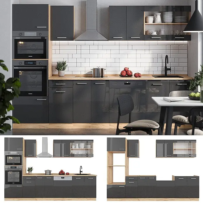 Vicco Küchenzeile R-Line Anthrazit Hochglanz mit Hochschrank, ohne Arbeitsplatte - Breite: 300 cm, Anthrazit Hochglanz, Ohne Elektrogeräte - Moderne dunkelgraue Hochglanzküche mit heller Holz-Arbeitsplatte und integrierten Geräten, funktional und stilvoll.
