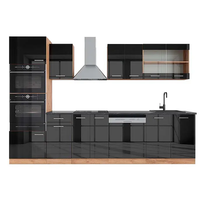 Vicco Küchenzeile R-Line Anthrazit Hochglanz mit Hochschrank, AP Anthrazit - Anthrazit Hochglanz, Ohne Elektrogeräte - Moderne hochglanzschwarze Küche mit Holzdetails, integrierten Öfen, Kochfeld, Spüle, Geschirrspüler und Dunstabzugshaube aus Edelstahl.