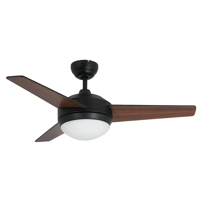 Vam Deckenventilator VEGALIGHT schwarz 102 cm - schwarz Walnuss, 1.020 mm, 46 W - Schwarzer Deckenventilator mit drei dunklen Blättern in Holzoptik und integriertem kugelförmigem weißen Licht.
