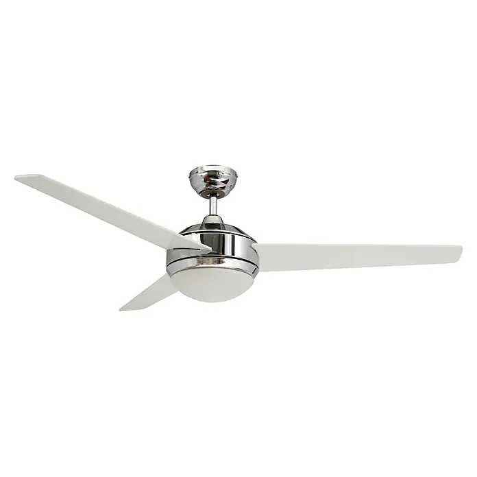 Vam Deckenventilator VEGALIGHT chrom weiß/Kirschholz - Chrom - Kirsche, 1.320 mm, 46 W - Moderner Deckenventilator mit weißen Flügeln, Chromgehäuse und Milchglasleuchte.