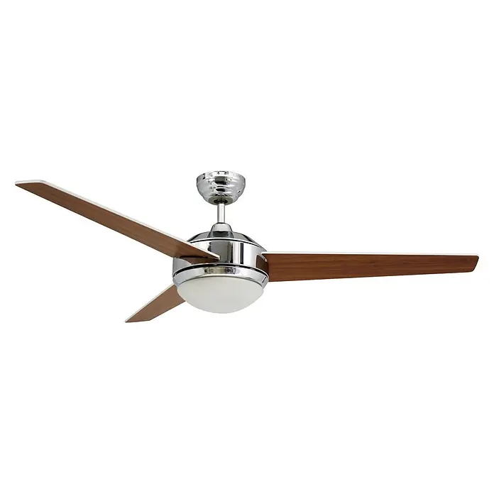 Vam Deckenventilator VEGALIGHT chrom weiß/Kirschholz - Chrom - Kirsche, 1.320 mm, 46 W - Deckenventilator mit drei Holzoptik-Flügeln, Chromgehäuse und Milchglasleuchte.