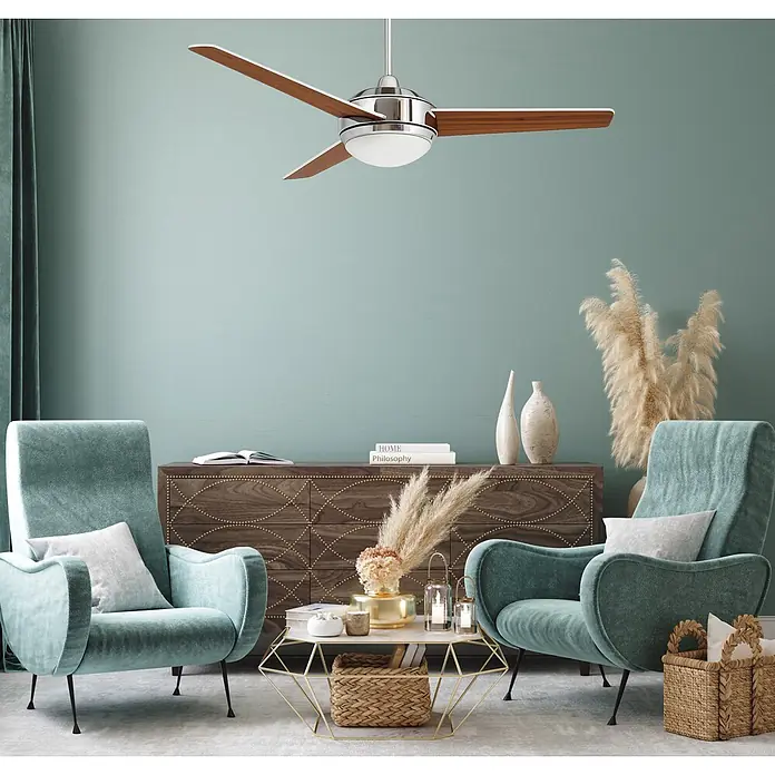 Vam Deckenventilator VEGALIGHT chrom weiß/Kirschholz - Chrom - Kirsche, 1.320 mm, 46 W - Moderner Deckenventilator mit poliertem Chrom-Finish und Naturholzflügeln.
