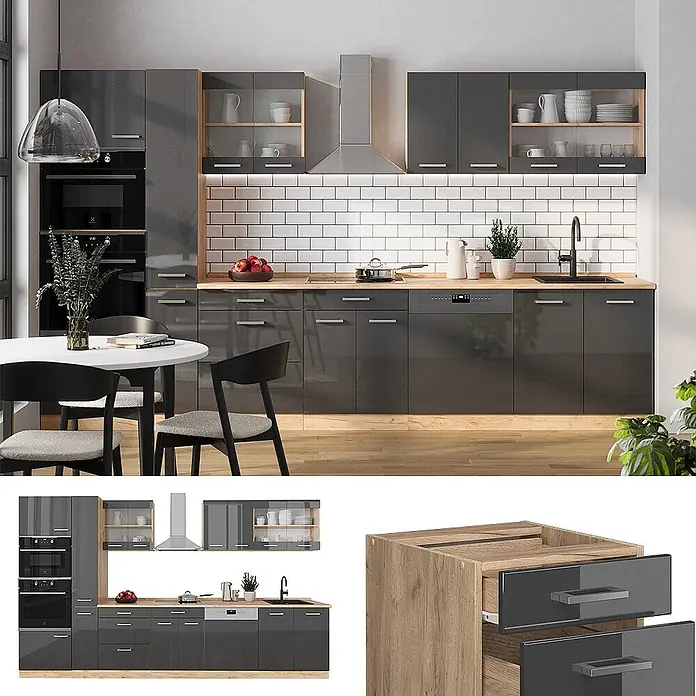 Vicco Küchenzeile R-Line Anthrazit Hochglanz/Goldkraft Eiche mit Hochschrank, AP Eiche - Breite: 350 cm, Anthrazit Hochglanz, Ohne Elektrogeräte - Dunkelgraue Hochglanz Küchenschränke mit Holzarbeitsplatten und modernem Design.