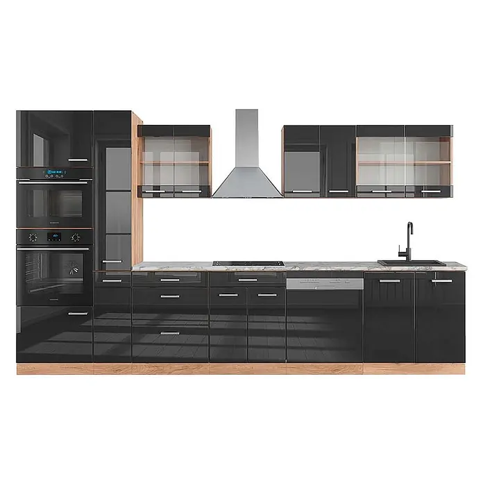 Vicco Küchenzeile R-Line Anthrazit Hochglanz/Goldkraft Eiche mit Hochschrank, AP Marmor - Breite: 350 cm, Anthrazit Hochglanz, Ohne Elektrogeräte - Moderne Küche mit glänzenden schwarzen Schränken, hellen Holzdetails, weißer Arbeitsplatte und Edelstahlgeräten.