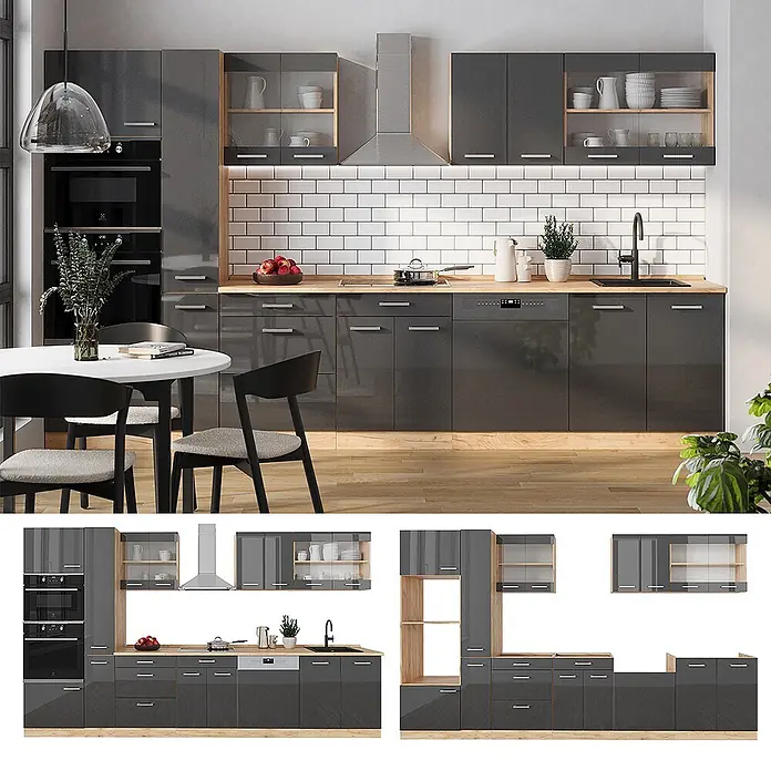 Vicco Küchenzeile R-Line Anthrazit Hochglanz/Goldkraft Eiche mit Hochschrank, AP Eiche - Breite: 350 cm, Anthrazit Hochglanz, Ohne Elektrogeräte - Dunkelgraue Hochglanz-Küchenschränke mit hellen Holzdetails und integrierten Geräten.