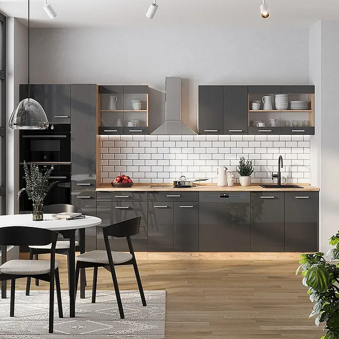 Vicco Küchenzeile R-Line Anthrazit Hochglanz/Goldkraft Eiche mit Hochschrank, AP Eiche - Breite: 350 cm, Anthrazit Hochglanz, Ohne Elektrogeräte - Moderne Küche mit dunkelgrauen Hochglanzschränken, heller Holztheke und Edelstahlgeräten, inklusive Essbereich.