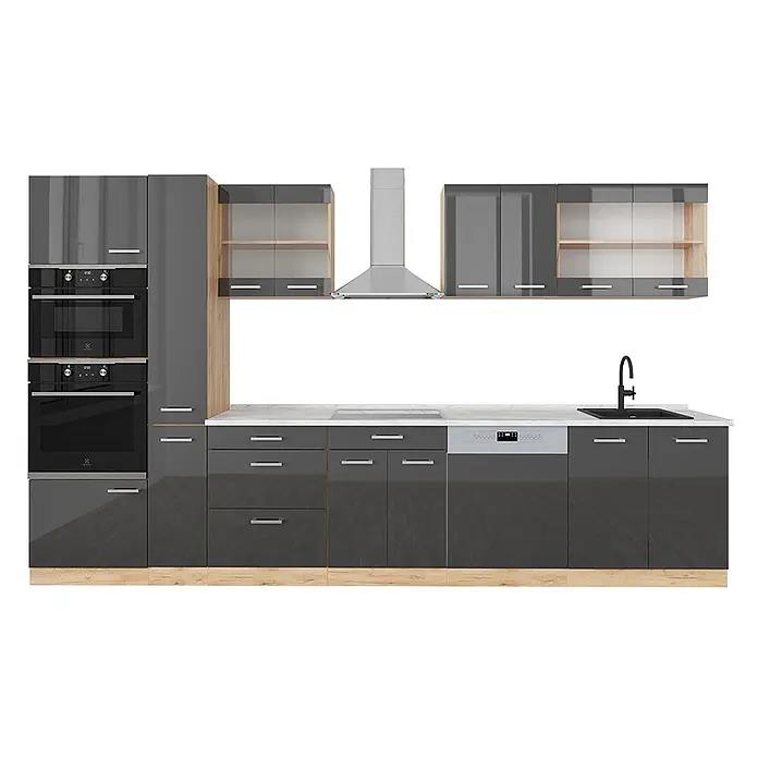 Vicco Küchenzeile R-Line Anthrazit Hochglanz/Goldkraft Eiche mit Hochschrank, AP Marmor - Breite: 350 cm, Anthrazit Hochglanz, Ohne Elektrogeräte - Moderne Küche in Glanzgrau mit Holzdetails, weißer Arbeitsplatte und integrierten Öfen, Kochfeld, Geschirrspüler, Spüle und Dunstabzugshaube.