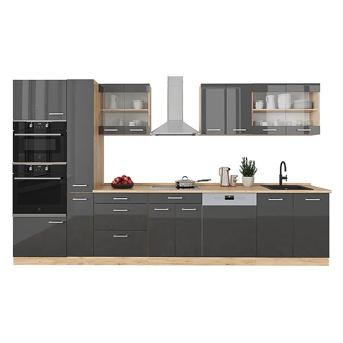 Vicco Küchenzeile R-Line Anthrazit Hochglanz/Goldkraft Eiche mit Hochschrank, AP Eiche - Breite: 350 cm, Anthrazit Hochglanz, Ohne Elektrogeräte - Moderne Küchenzeile mit dunkelgrauen Hochglanzfronten, heller Holzoptik-Arbeitsplatte, integrierten Öfen, Kochfeld, Spüle, Geschirrspüler und Dunstabzugshaube.