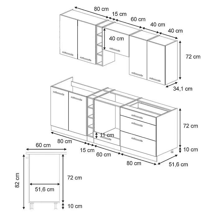Vicco Küchenzeile Fame-Line GrauBeige/Anthrazit, AP Marmor - Breite: 235 cm, GrauBeige, Ohne Elektrogeräte - Modulare Küchenschrank-Anordnung mit detaillierten Maßen für Ober- und Unterschränke.