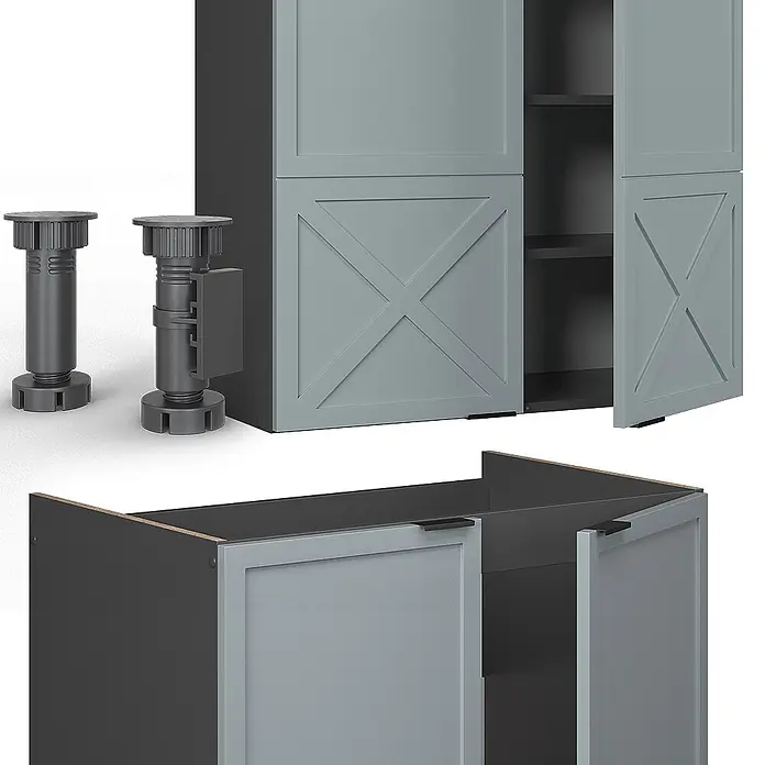 Vicco Küchenzeile Fame-Line Hellblau-grau/Anthrazit, AP Eiche - Breite: 235 cm, Hellblau-grau, Ohne Elektrogeräte - Verstellbare graue Kunststoff-Möbelfüße mit modularen grauen Schränken, die X-Muster-Türen und schwarze Griffe aufweisen.