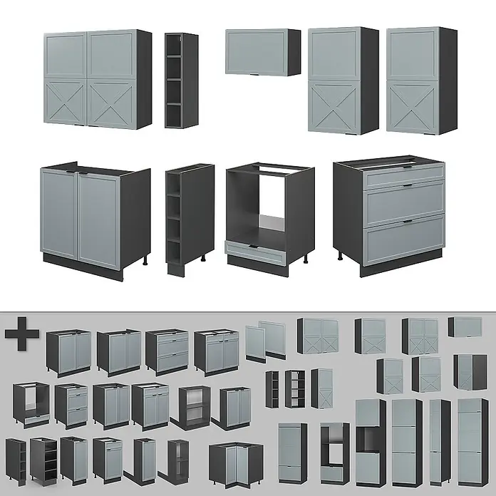 Vicco Küchenzeile Fame-Line Hellblau-grau/Anthrazit, AP Eiche - Breite: 235 cm, Hellblau-grau, Ohne Elektrogeräte - Modulare hellgraue und dunkelgraue Küchenschränke, darunter Unter-, Wand- und Hochschränke mit verschiedenen Tür- und Schubladenkonfigurationen.
