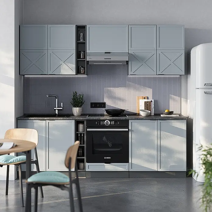 Vicco Küchenzeile Fame-Line Hellblau-grau/Anthrazit, AP Eiche - Breite: 235 cm, Hellblau-grau, Ohne Elektrogeräte - Eine moderne Küche mit hellgrauen Schränken, schwarzen Arbeitsplatten und einem eingebauten Backofen, inklusive Spüle und Herd.