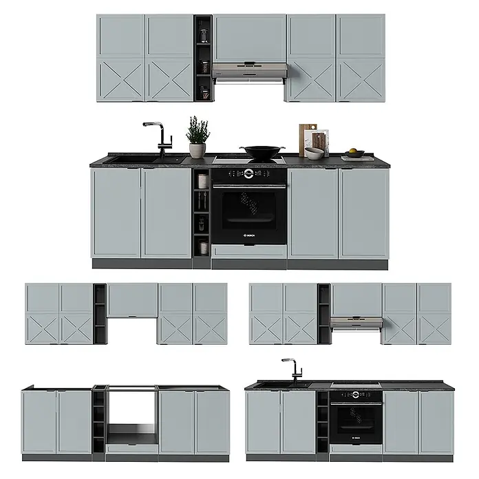 Vicco Küchenzeile Fame-Line Hellblau-grau/Anthrazit, AP Eiche - Breite: 235 cm, Hellblau-grau, Ohne Elektrogeräte - Modulares hellblaues Küchenschrank-Set mit schwarzen Arbeitsplatten, integriertem Backofen, Kochfeld, Spüle und Dunstabzugshaube, teilweise mit dekorativen X-Türen.