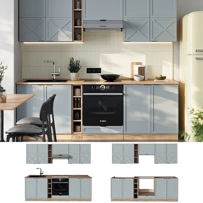 Vicco Küchenzeile Fame-Line Hellblau-grau/Goldkraft Eiche, AP Anthrazit - Breite: 235 cm, Hellblau-grau, Ohne Elektrogeräte - Moderne hellblaue Küche mit Arbeitsplatte aus Holz, integriertem Backofen, Spüle und modularen Schränken. Zeigt flexible Komponenten.