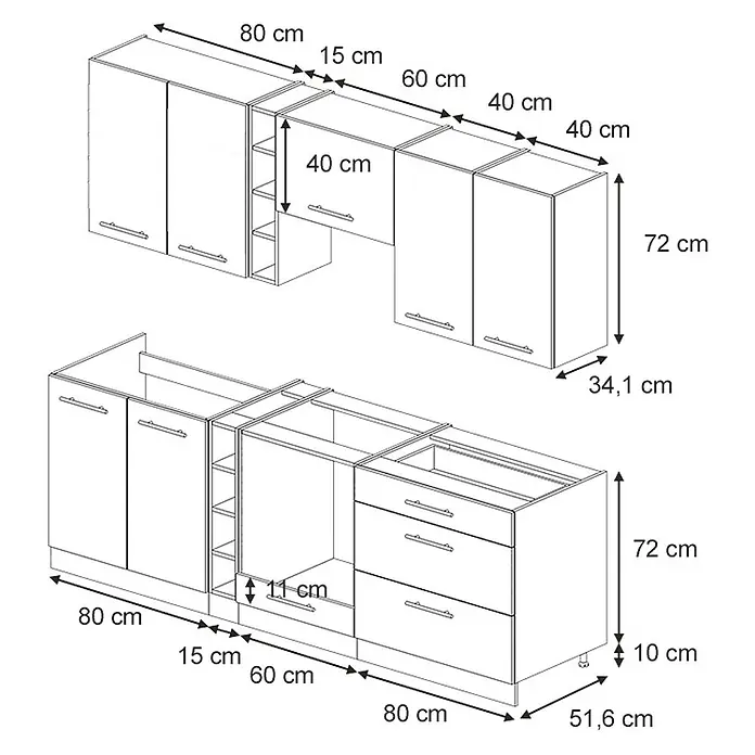 Vicco Küchenzeile Fame-Line Schwarz gestreift/Goldkraft Eiche ohne Arbeitsplatte - Breite: 235 cm, Schwarz gestreift, Ohne Elektrogeräte - Modulares Küchenschrank-Set, Ober- und Unterschränke, mit detaillierten Abmessungen.