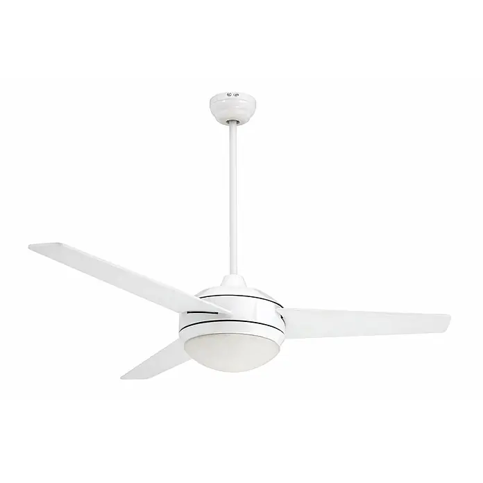 Vam Deckenventilator VEGALIGHT weiß 122 - Weiß Plywoodflügel weiß-Pinienholz, 1.220 mm, 46 W - Weißer Deckenventilator mit drei Flügeln und integrierter Leuchte, an einer Stange hängend.