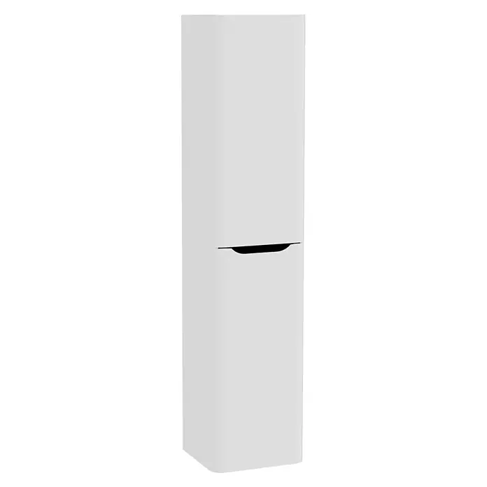 VitrA Integra Round Hochschrank - B x T x H: 40 x 37 x 180 cm, Hellgrau, DIN Anschlag: Links, Inklusive 4 Glaseinlegeböden - Weißer zweitüriger Kühlschrank mit einer vertieften schwarzen Griffleiste zwischen Gefrier- und Kühlfach.