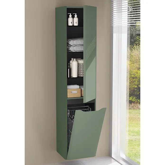 VitrA Hochschrank Integra Round - B x T x H: 40 x 37 x 180 cm, Moosgrün, DIN Anschlag: Rechts, Inklusive 3 Glasböden und Wäscheklappe - Salbeigrüner Badezimmerschrank mit offenen Regalen, Toilettenartikeln, Handtüchern und ausklappbarem Wäschekorb.
