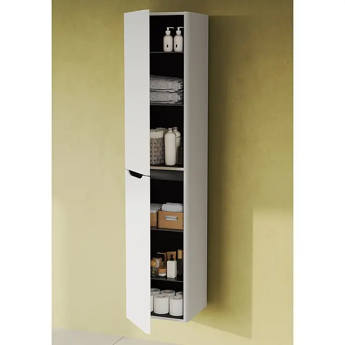 VitrA Integra Round Hochschrank - B x T x H: 40 x 37 x 180 cm, Hellgrau, DIN Anschlag: Links, Inklusive 4 Glaseinlegeböden - Hoher weißer Schrank mit offener Tür, zeigt organisierte Regale mit Toilettenartikeln, Handtüchern und Toilettenpapier an einer strukturierten gelben Wand.