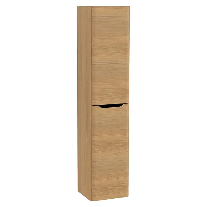 VitrA Integra Round Hochschrank - B x T x H: 40 x 37 x 180 cm, Eiche Gold, DIN Anschlag: Rechts, Inklusive 4 Glaseinlegeböden - Hoher, schmaler Schrank aus hellem Holz mit natürlicher Maserung und integriertem, geschwungenem Griff.