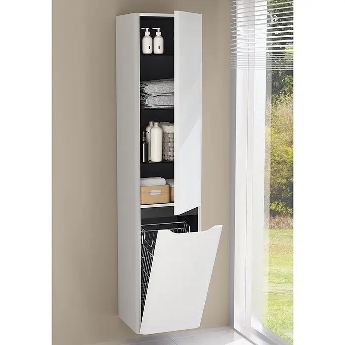 VitrA Hochschrank Integra Square - B x T x H: 40 x 37 x 180 cm, Hellgrau, Inklusive 3 Glasböden und Wäscheklappe, DIN Anschlag: Links - Hoher weißer Badschrank mit schwarzem Innenleben, offener Oberklappe zeigt Hygieneartikel und Handtücher, darunter eine Kipptür mit Wäschekorb.