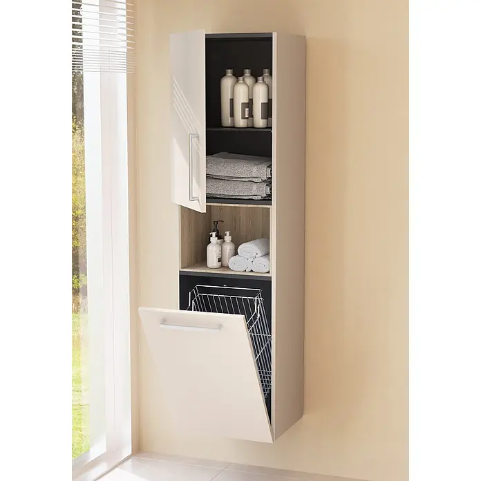 VitrA Hochschrank Root Flat - B x T x H: 42 x 36 x 155 cm, Sahara Beige, DIN Anschlag: Rechts - Hoher beiger Badschrank mit offenen Fächern für Hygieneartikel und Handtücher sowie einem ausklappbaren Wäschesammler.