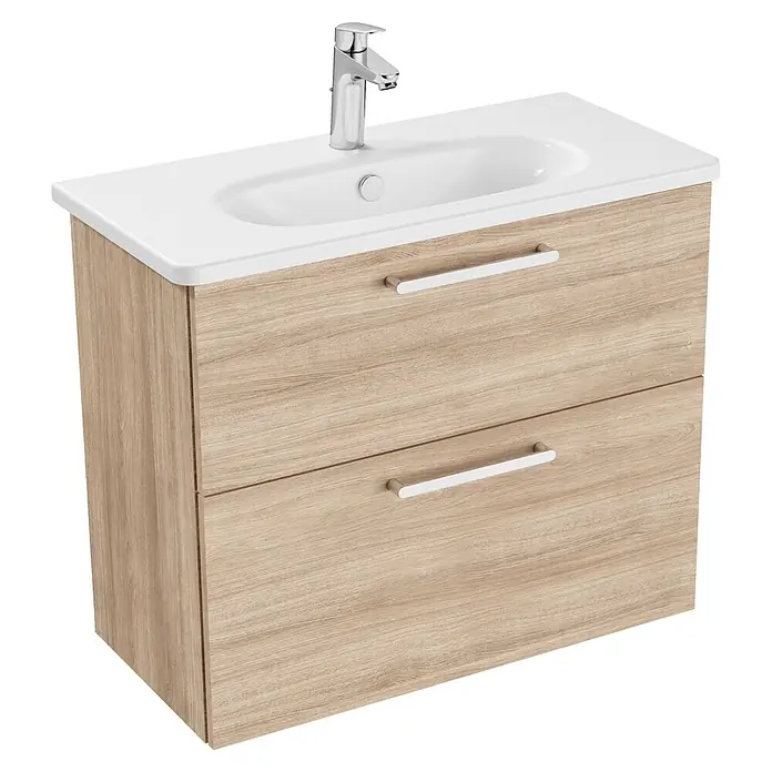 VitrA Root Flat Compact Badmöbel-Set Compact - B x T x H: 80 x 37 x 65 cm, Eiche Natur - Helle Holz-Waschtischunterschrank mit weißem integriertem Waschbecken, Chromarmatur und zwei Schubladen.