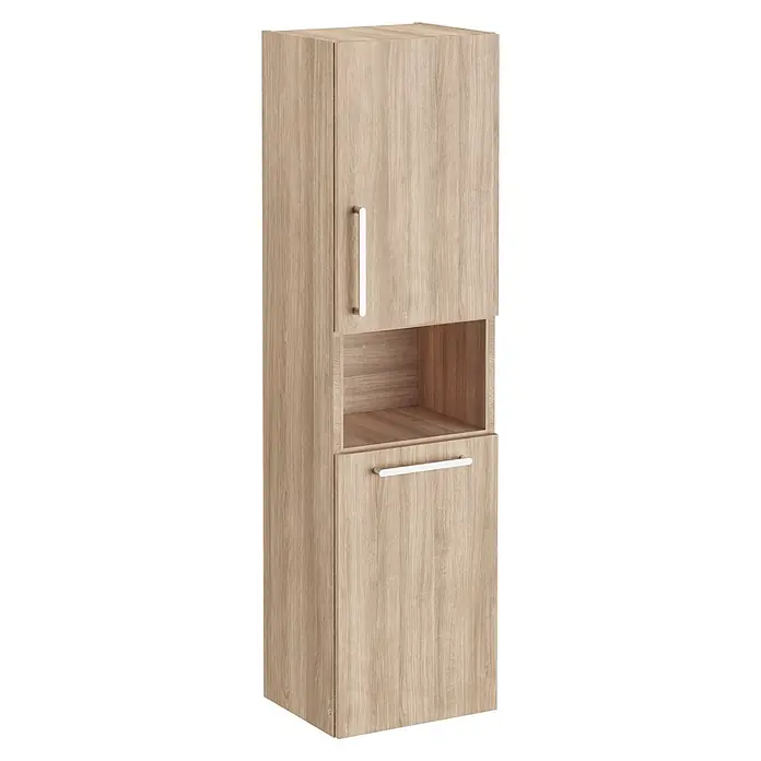 VitrA Hochschrank Root Flat - B x T x H: 42 x 36 x 155 cm, Eiche Natur, DIN Anschlag: Rechts - Hoher Schrank aus hellem Holz mit zwei Türen, einem offenen Fach und silbernen Griffen.