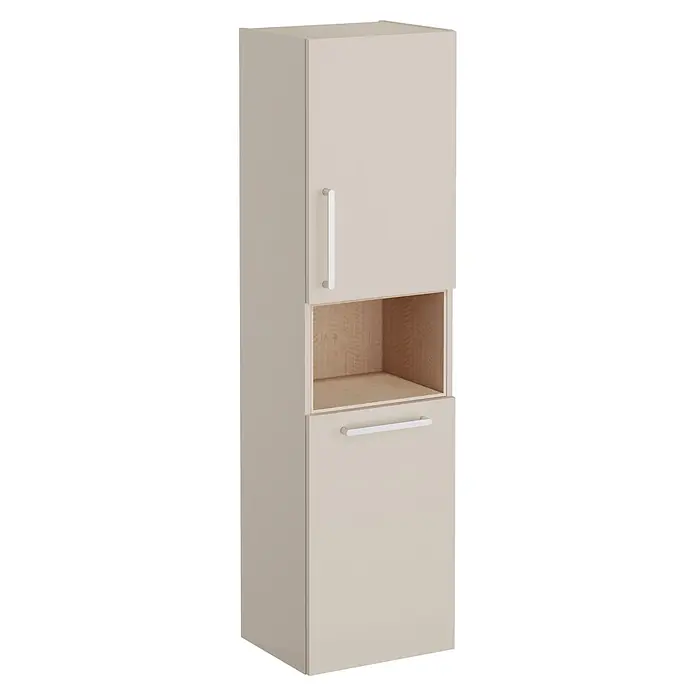 VitrA Hochschrank Root Flat - B x T x H: 42 x 36 x 155 cm, Sahara Beige, DIN Anschlag: Rechts - Hoher, hellbeiger Schrank mit zwei Türen und einem mittigen offenen Holzregal, ausgestattet mit silbernen Griffen.