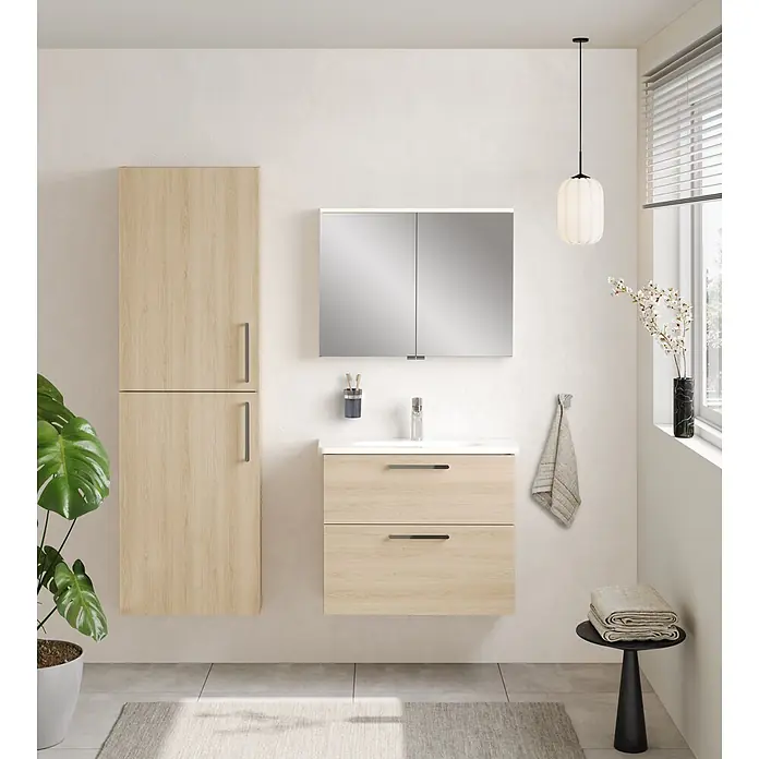 VitrA Hochschrank Root Flat - B x T x H: 57 x 27 x 180 cm, Eiche Natur - Wandmontierter heller Eichenholz-Badezimmerschrank mit Schubladen und passendem Hochschrank, inklusive Spiegelschrank mit integrierter Beleuchtung.