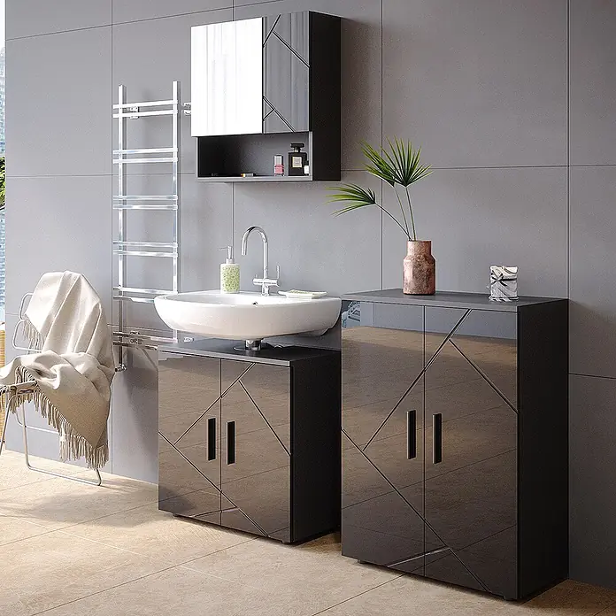 Vicco Badmöbel-Set Irma Anthrazit Hochglanz 2 Teile, mit Midischrank - Anthrazit Hochglanz, Matt - Moderne schwarze Hochglanz-Badmöbel mit geometrischem Muster, bestehend aus Waschbeckenunterschrank und Spiegelschrank, im zeitgenössischen Bad.