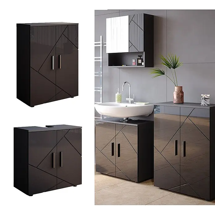 Vicco Badmöbel-Set Irma Anthrazit Hochglanz 2 Teile, mit Midischrank - Anthrazit Hochglanz, Matt - Glänzendes dunkelgraues Badmöbel-Set mit geometrischen Türen: Waschbeckenunterschrank, Hochschrank, Beistellschrank.