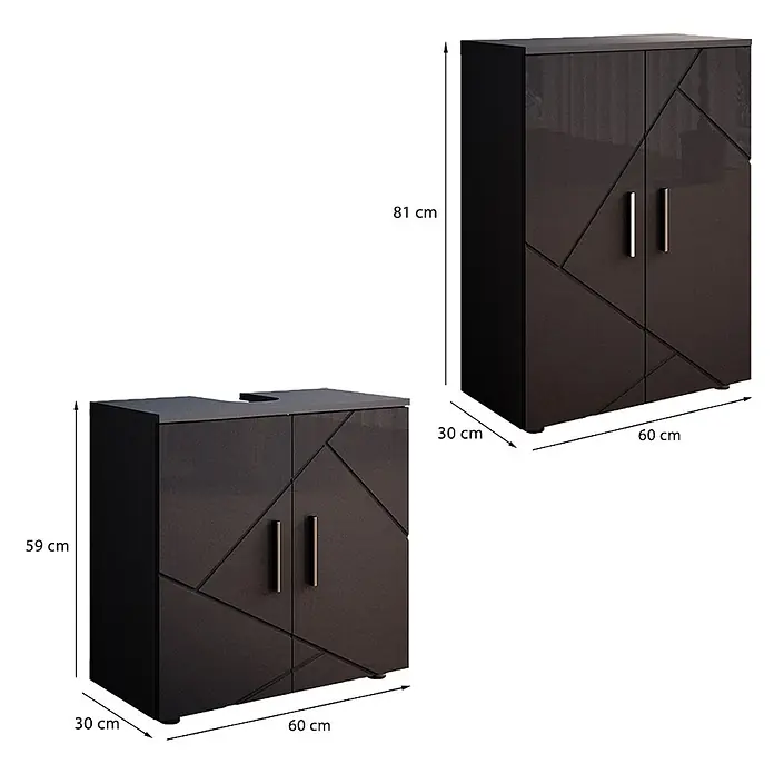 Vicco Badmöbel-Set Irma Anthrazit Hochglanz 2 Teile, mit Midischrank - Anthrazit Hochglanz, Matt - Dunkelbraune Schränke mit geometrischen Türen und goldfarbenen Griffen. Ein Hochschrank (81cm) und ein Unterschrank für Waschbecken (59cm).