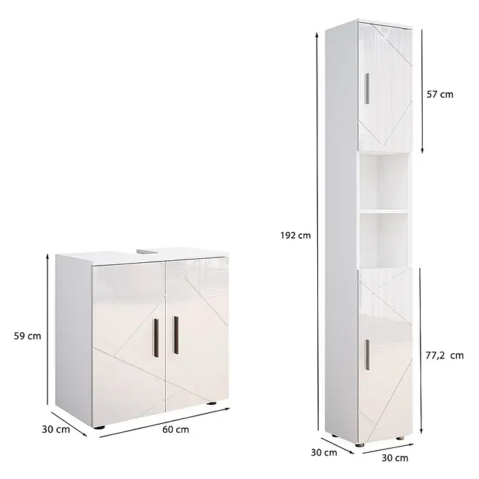 Vicco Badmöbel-Set Irma Weiß Hochglanz 2 Teile, mit Hochschrank - Weiß Hochglanz, Matt - Weißes Hochglanz Badmöbelset: 60cm Waschbeckenunterschrank und 192cm Hochschrank mit geometrischem Muster.