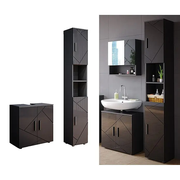 Vicco Badmöbel-Set Irma Anthrazit Hochglanz 2 Teile, mit Hochschrank - Anthrazit Hochglanz, Matt - Dunkelgraues Badmöbelset mit geometrischem Muster, bestehend aus einem Hochschrank und einem Waschbeckenunterschrank für moderne Badezimmer.
