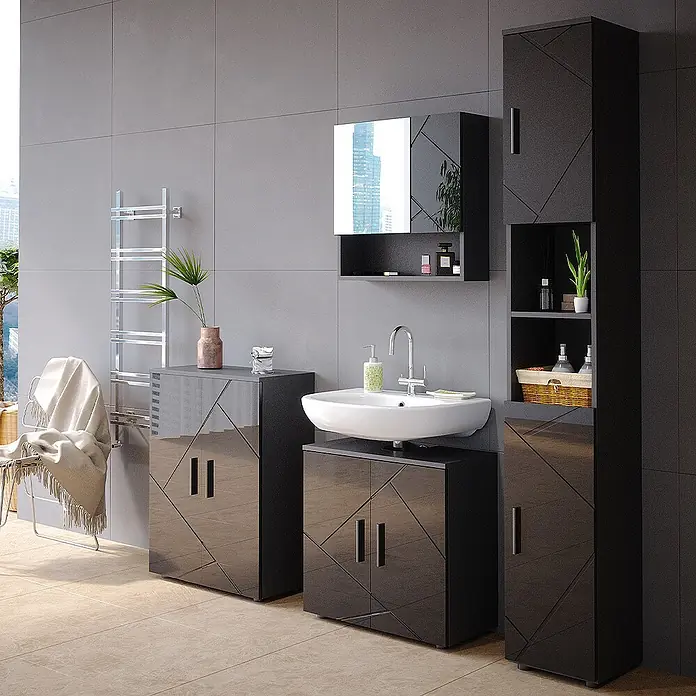 Vicco Badmöbel-Set Irma Anthrazit Hochglanz 2 Teile, mit Hochschrank - Anthrazit Hochglanz, Matt - Schwarzes, glänzendes Badmöbel-Set mit geometrischen Mustern: Hochschrank, Waschtisch und Spiegelschrank.