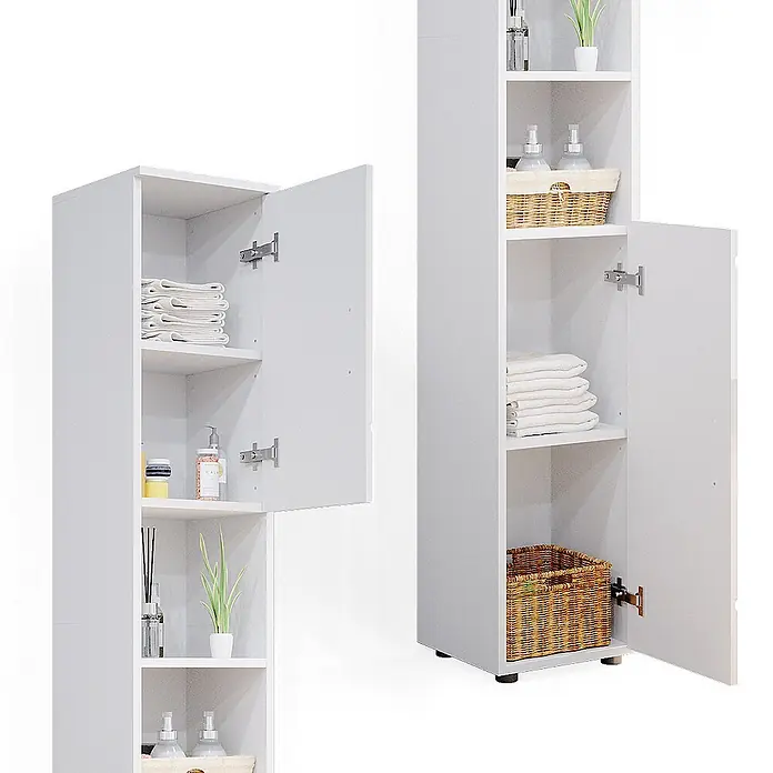 Vicco Badmöbel-Set Irma Weiß Hochglanz 2 Teile, mit Hochschrank - Weiß Hochglanz, Matt - Zwei weiße Hochschränke mit geöffneten Türen, Regalböden mit Handtüchern, Körben und Toilettenartikeln zeigend.