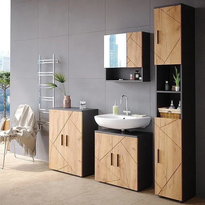 Vicco Badmöbel-Set Irma Goldkraft Eiche/Anthrazit 2 Teile, mit Hochschrank - Goldkraft Eiche, Matt - Modernes Badmöbel-Set mit Holzoptikfronten und schwarzen Rahmen, bestehend aus Waschtischunterschrank, Wandschrank und Aufbewahrungsschränken.