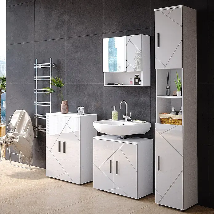Vicco Badmöbel-Set Irma Weiß Hochglanz 2 Teile, mit Hochschrank - Weiß Hochglanz, Matt - Weißes Hochglanz-Badmöbelset mit geometrischem Muster, bestehend aus Waschtischunterschrank, Hochschrank und Spiegelschrank.