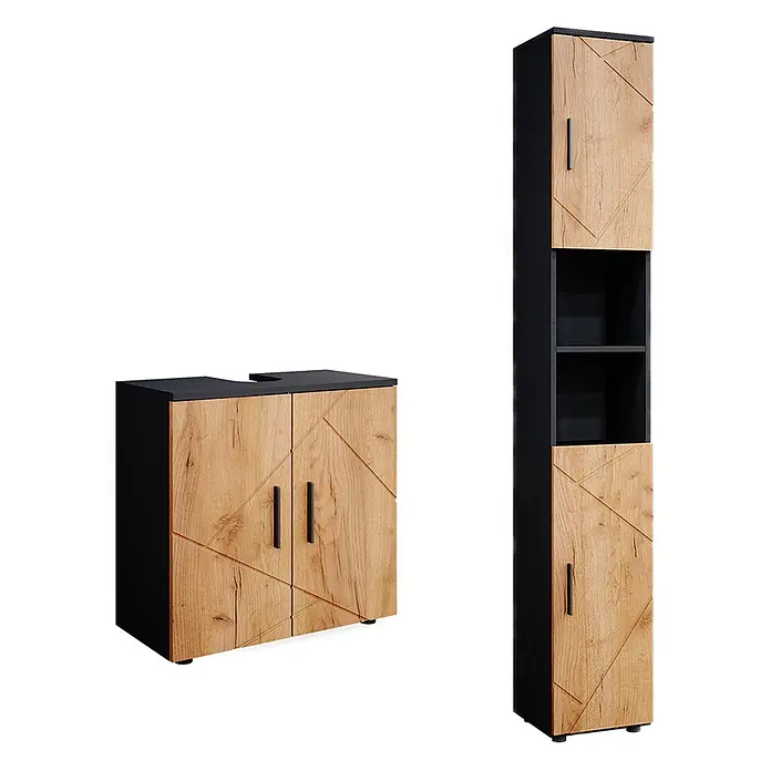 Vicco Badmöbel-Set Irma Goldkraft Eiche/Anthrazit 2 Teile, mit Hochschrank - Goldkraft Eiche, Matt - Schwarzer Badunterschrank mit Waschtischausschnitt und Hochschrank, beide mit hellen Holz-Effekt-Türen und geometrischem Muster.
