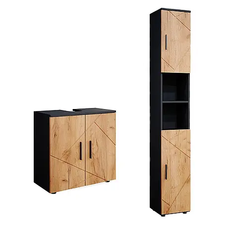 Vicco  Badmöbel-Set Irma Goldkraft Eiche/Anthrazit 2 Teile, mit Hochschrank