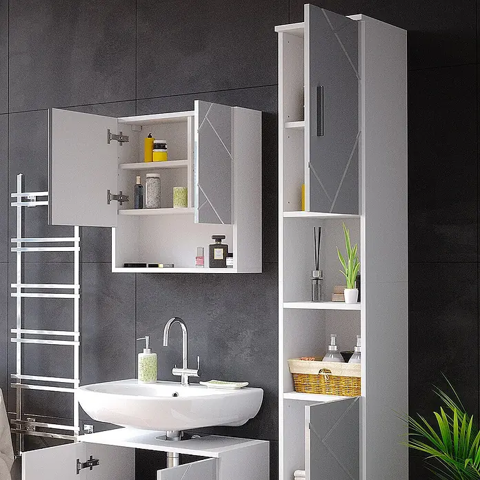 Vicco Badmöbel-Set Irma Weiß Hochglanz 2 Teile, mit Hochschrank - Weiß Hochglanz, Matt - Modernes weiß-graues Badmöbelset mit Waschbecken, Wandschränken und Hochschrank.