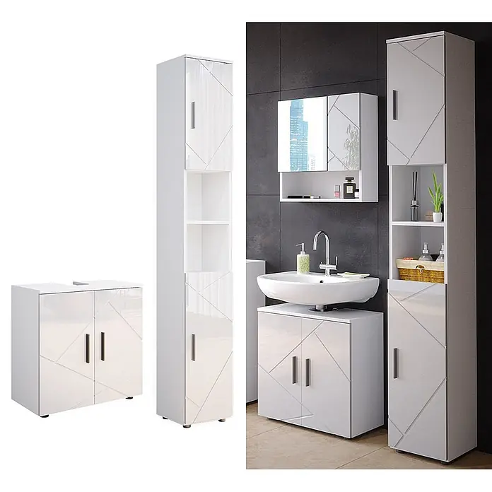 Vicco Badmöbel-Set Irma Weiß Hochglanz 2 Teile, mit Hochschrank - Weiß Hochglanz, Matt - Glänzendes weißes Badezimmermöbel-Set mit geometrischem Muster, bestehend aus Waschbecken-, Hochschrank und Spiegelschrank.