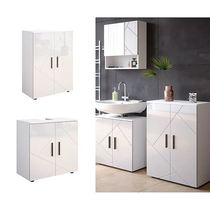 Vicco Badmöbel-Set Irma Weiß Hochglanz 2 Teile, mit Midischrank - Weiß Hochglanz, Matt - Set aus drei weißen Hochglanz-Badmöbeln mit geometrischem Design: ein Hochschrank, ein Waschbeckenunterschrank und ein niedrigerer Schrank.