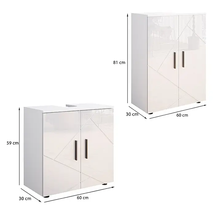 Vicco Badmöbel-Set Irma Weiß Hochglanz 2 Teile, mit Midischrank - Weiß Hochglanz, Matt - Zwei weiße Hochglanzschränke: ein Waschtischunterschrank (59x60x30 cm) mit Ausschnitt, ein Hochschrank (81x60x30 cm).