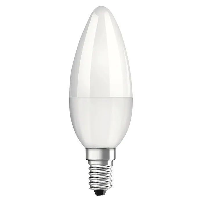 Voltolux Bombilla LED - E14, Intensidad regulable, Blanco cálido, 470 lm, 5,5 W - Imagen de una bombilla LED E14 en forma de vela. La bombilla tiene un acabado mate y una base plateada.