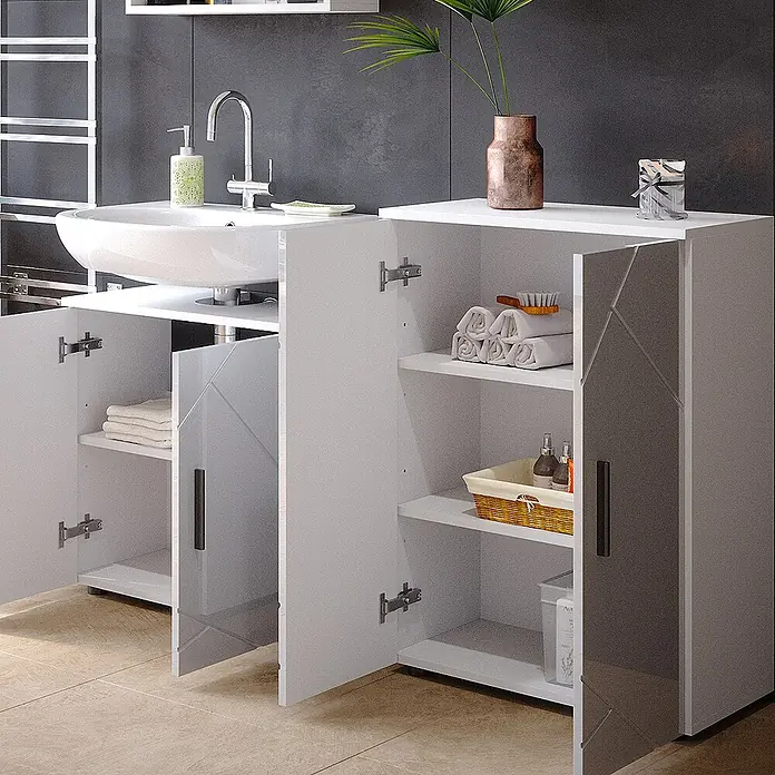 Vicco Badmöbel-Set Irma Weiß Hochglanz 2 Teile, mit Midischrank - Weiß Hochglanz, Matt - Weißes Badmöbelset mit Waschbecken und passendem offenen Aufbewahrungsschrank mit geometrischen Türdetails für Handtücher und Pflegeprodukte.