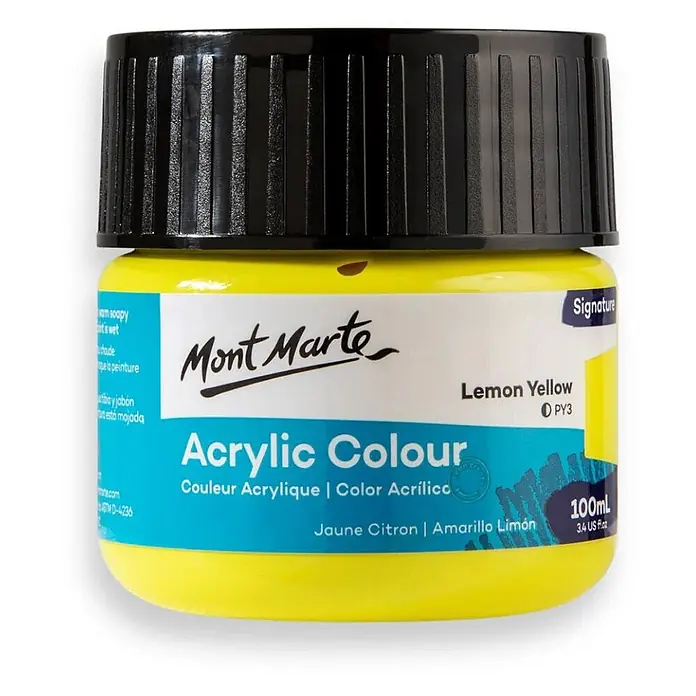 Mont Marte Acrylfarbe Signature - Zitronengelb, 100 ml, Flasche - Gelbes Mont Marte Zitronengelb Acrylfarbtöpfchen mit schwarzem geripptem Deckel, 100ml.