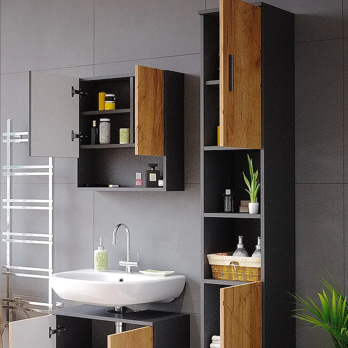 Vicco Badmöbel-Set Irma Goldkraft Eiche/Anthrazit 2 Teile, mit Hochschrank - Goldkraft Eiche, Matt - Modulares Badmöbelset in Dunkelgrau und Holzoptik, mit weißem Waschbecken.