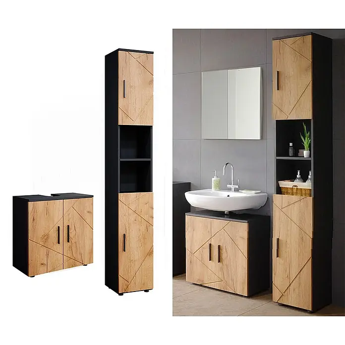 Vicco Badmöbel-Set Irma Goldkraft Eiche/Anthrazit 2 Teile, mit Hochschrank - Goldkraft Eiche, Matt - Schwarze und helle Holz-Badezimmerschränke mit geometrischen Türen; ein hoher, einer unter dem Waschbecken.